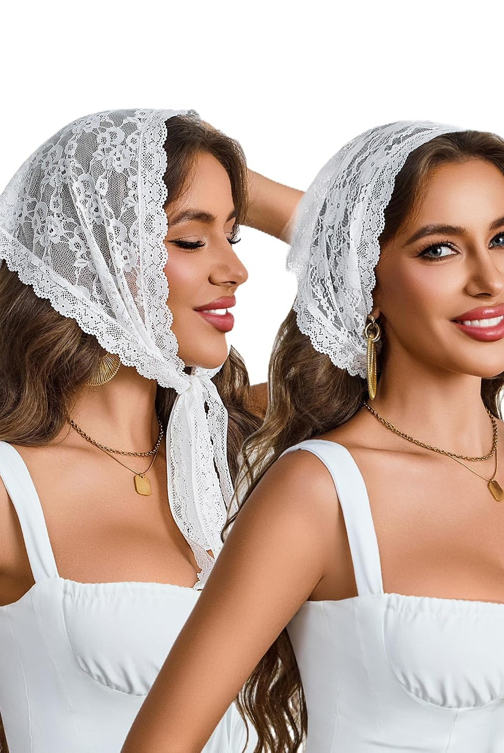 White lace triangle head scarves on two women, draped over hair with scalloped trim