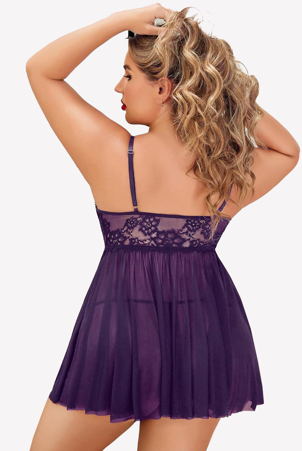 Plus Size Purple Lace Babydoll Nighty with Adjustable Straps and Mesh Skirt. Sexy lingerie