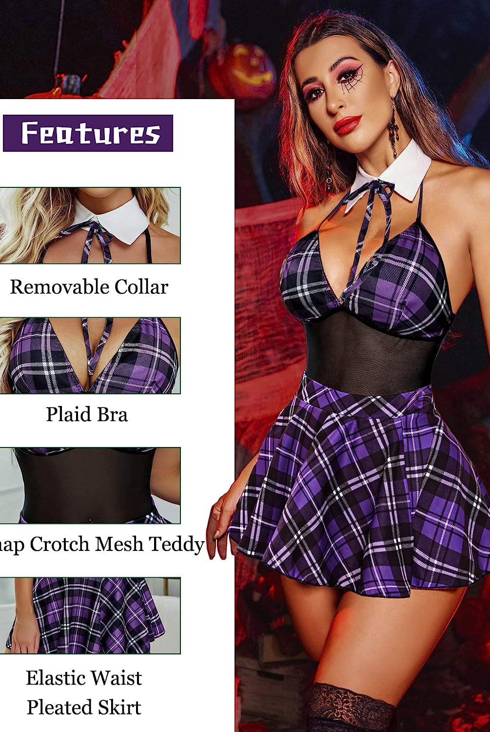 Purple plaid schoolgirl lingerie set: halter top, mini skirt, removable collar, roleplay costume.
