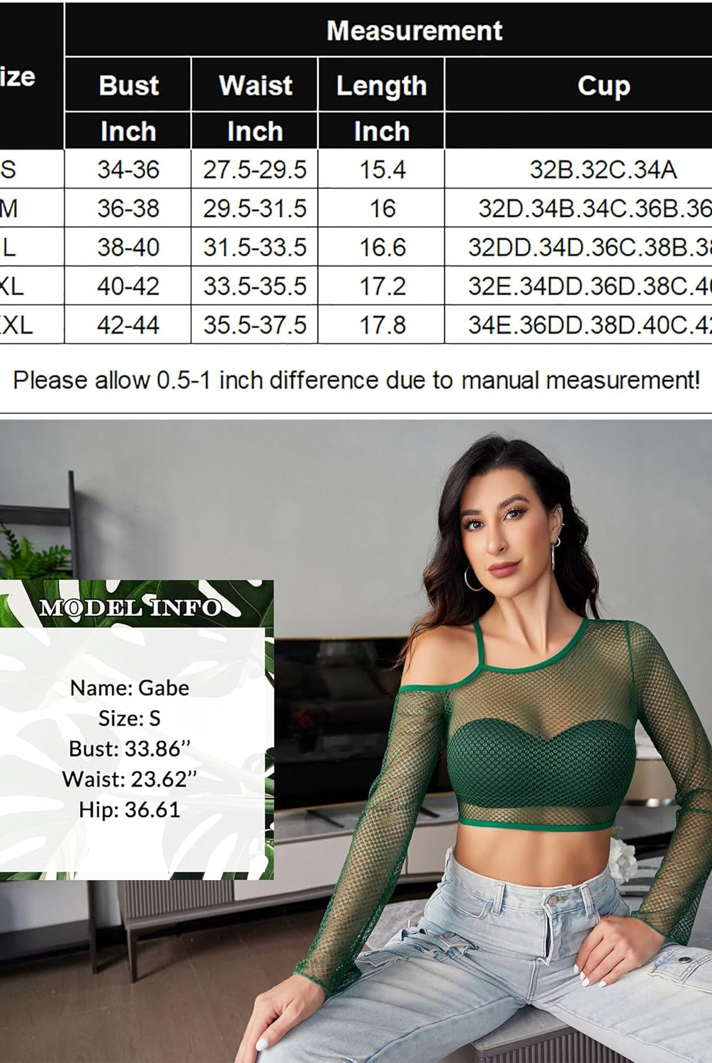 Green fishnet asymmetrical crop top, model Gabe in size S, size chart with bust, waist measurements.