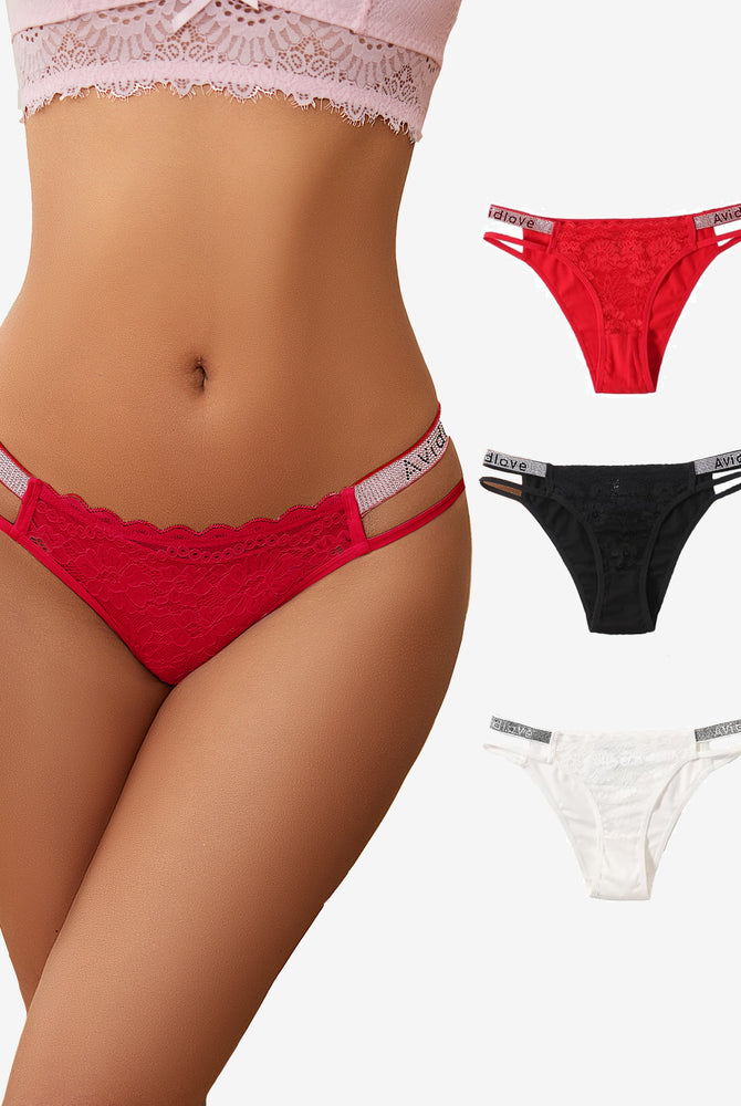 Avidlove Cotton Panties Floral Lace Hipster in red, black, and white with rhinestone straps.