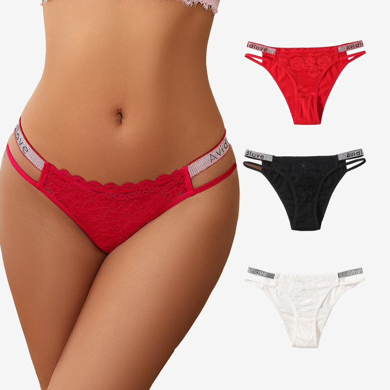 Avidlove Cotton Panties Floral Lace Hipster in red, black, and white with rhinestone straps.