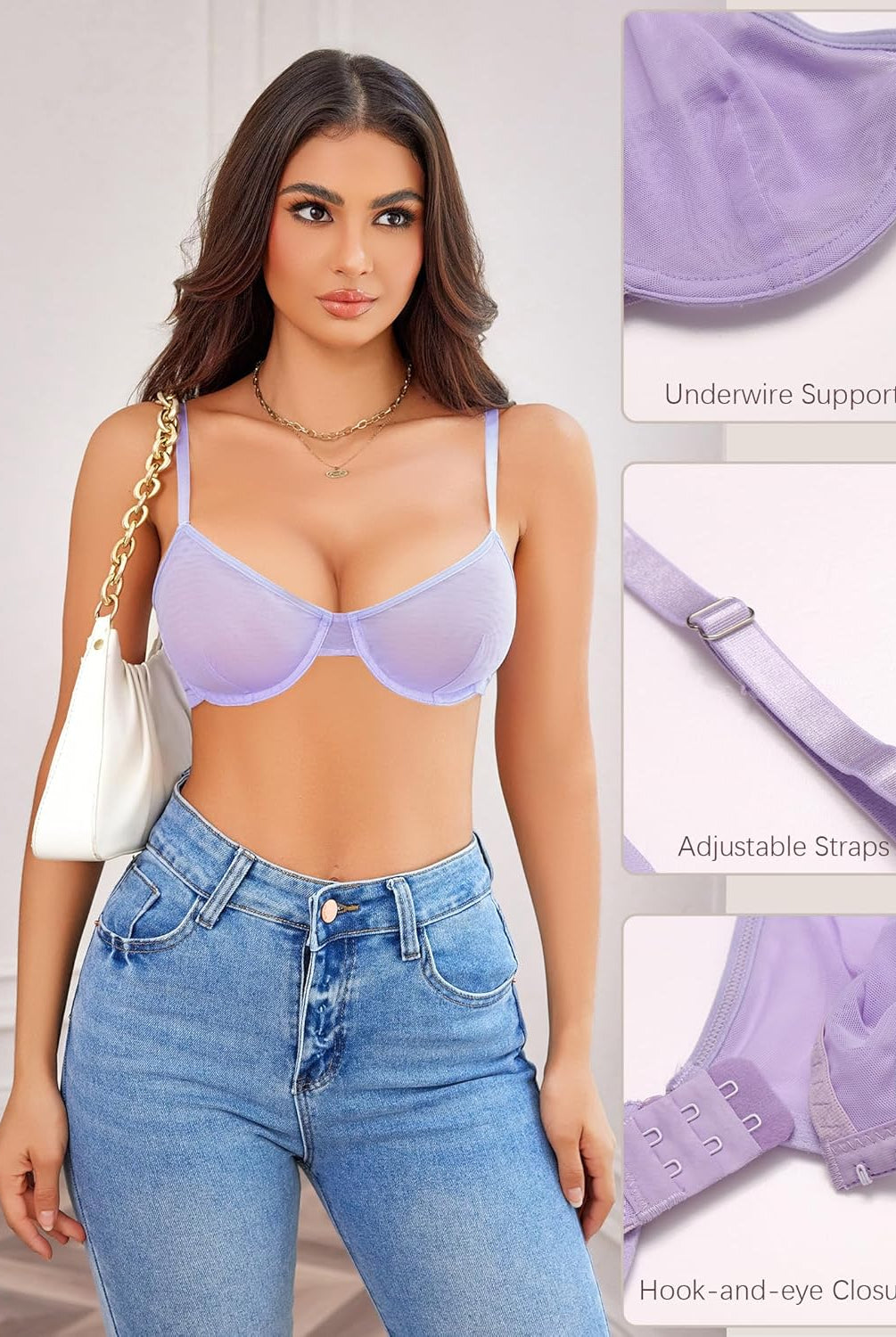 Lavender sheer mesh bra with adjustable straps; stylish lingerie, highlighting natural contours.