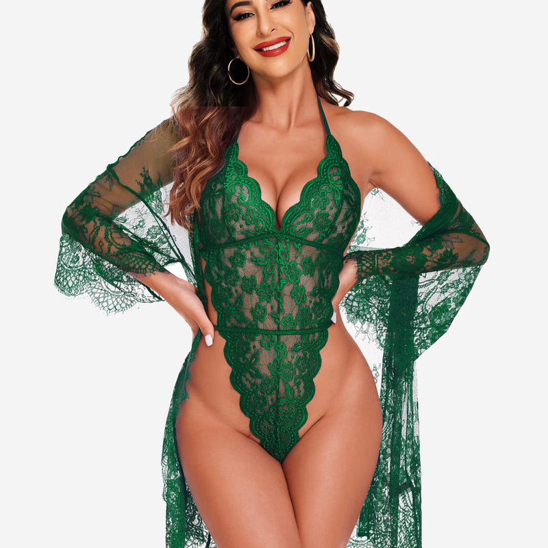 Avidlove green lace robe and teddy set, butterfly sleeves, confident style, elegant trim lingerie.