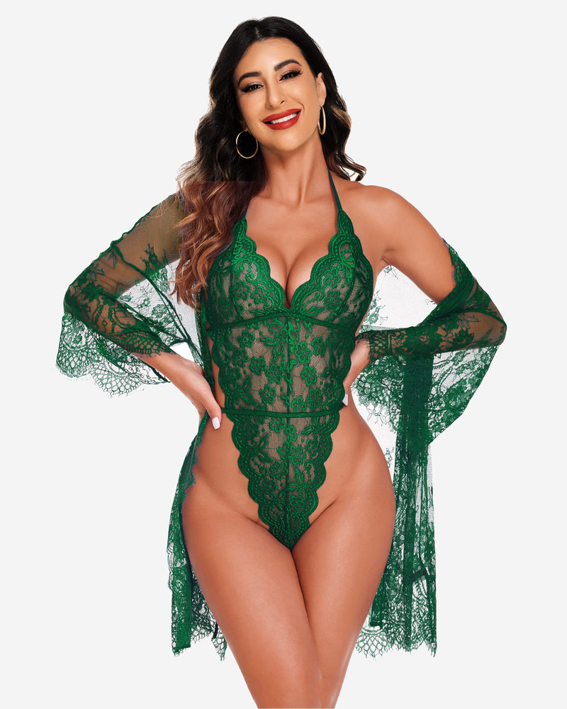 Avidlove green lace robe and teddy set, butterfly sleeves, confident style, elegant trim lingerie.