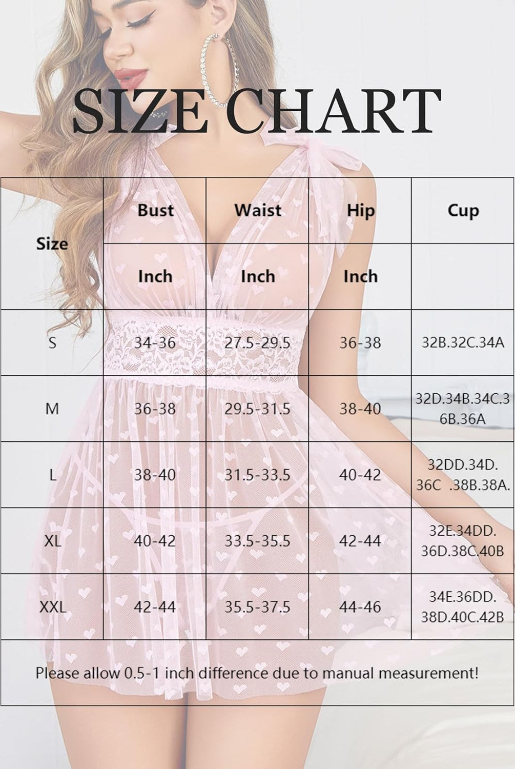 Sheer Mesh Lace Babydoll V Neck Nighty size chart, S-XXL measurements for bust, waist, hip, and cup.