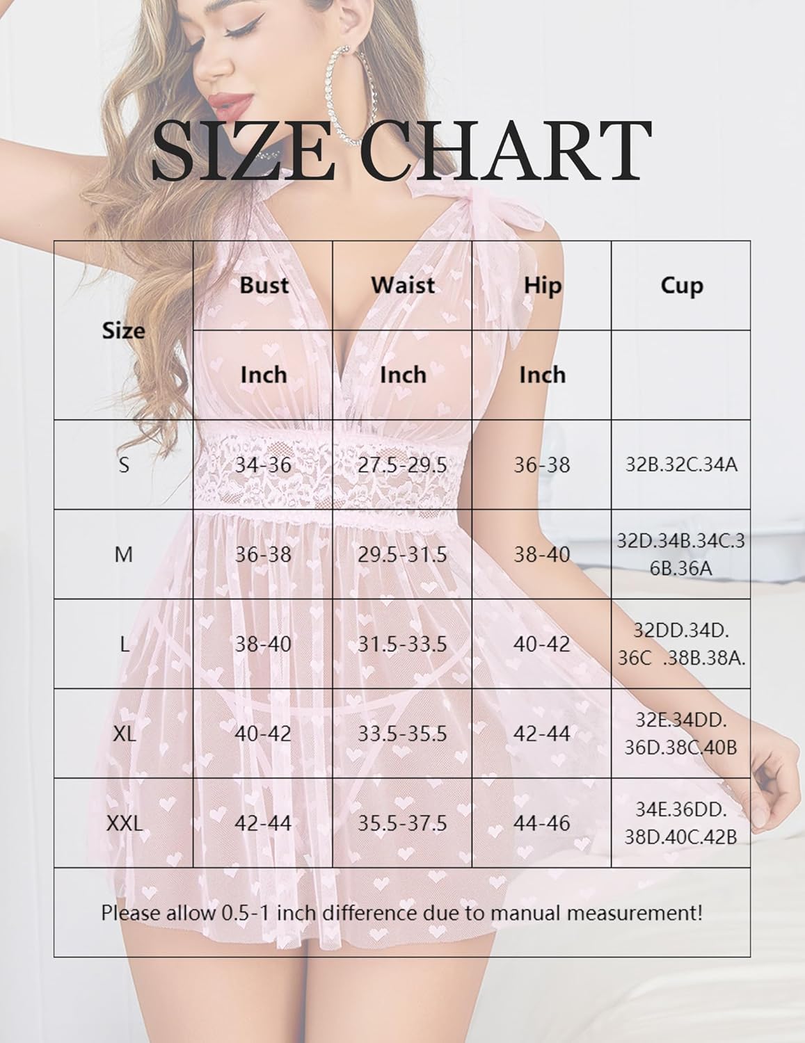 Sheer Mesh Lace Babydoll V Neck Nighty size chart, S-XXL measurements for bust, waist, hip, and cup.