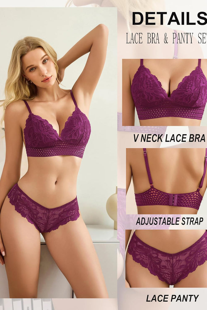 Plum floral lace lingerie set with adjustable straps. V neck lace bra and lace panty.