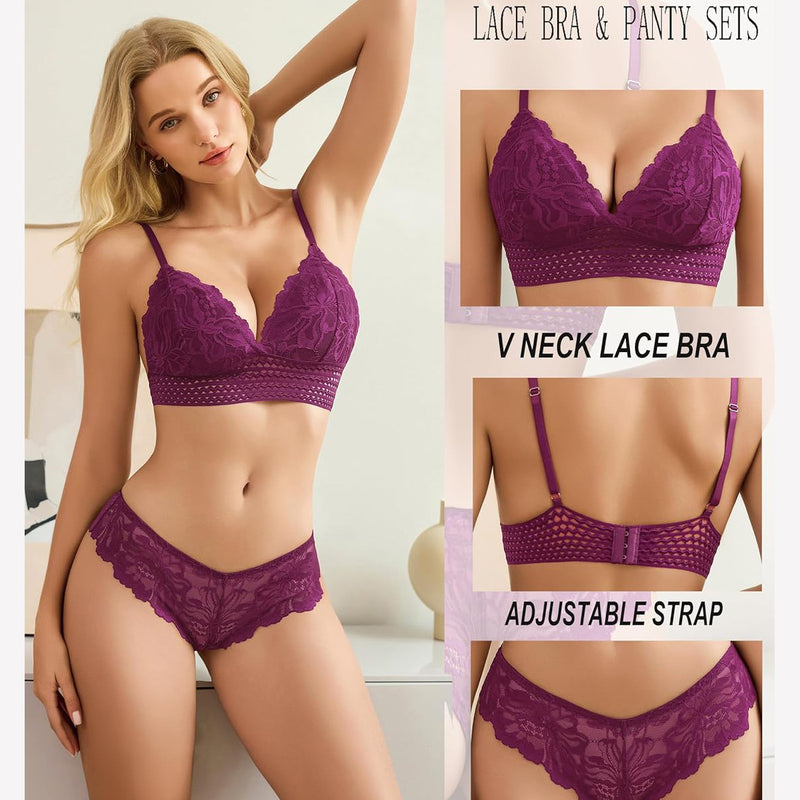 Plum floral lace lingerie set with adjustable straps. V neck lace bra and lace panty.