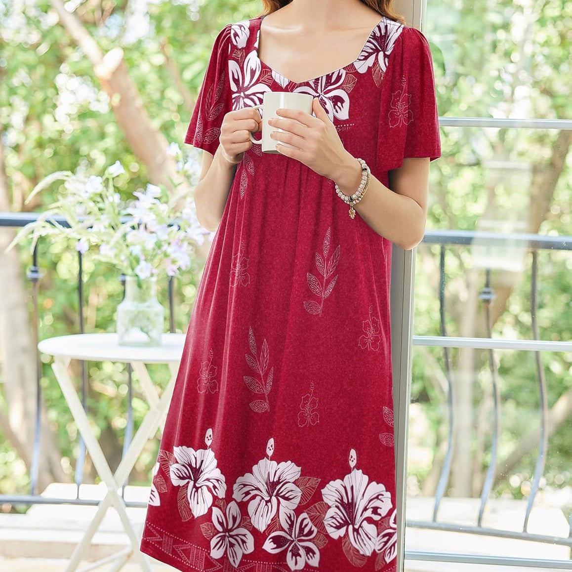 Women’s house dress in deep red with white leaf and large flower print, short sleeves