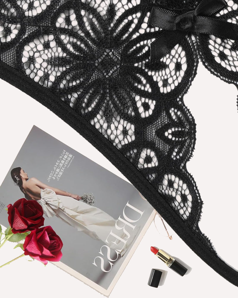 Black floral lace briefs with bow detail. Sexy low-rise design. Featuring Avidlove lingerie.
