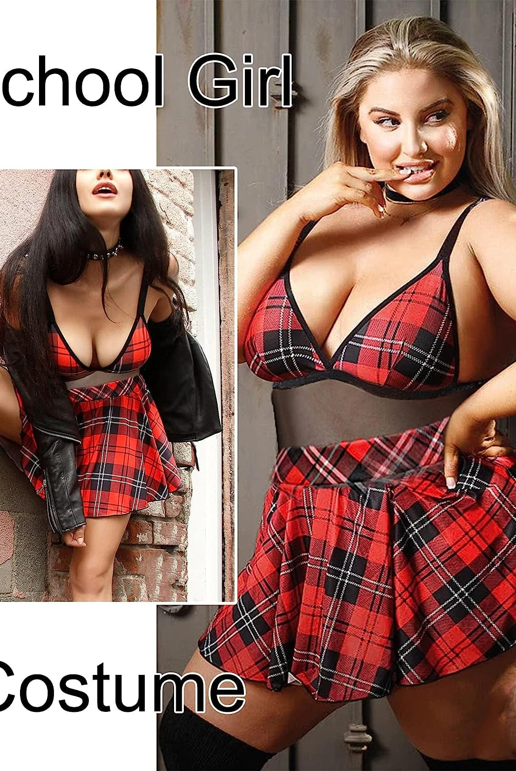 Red plaid schoolgirl cosplay lingerie set with halter top and mini skirt.