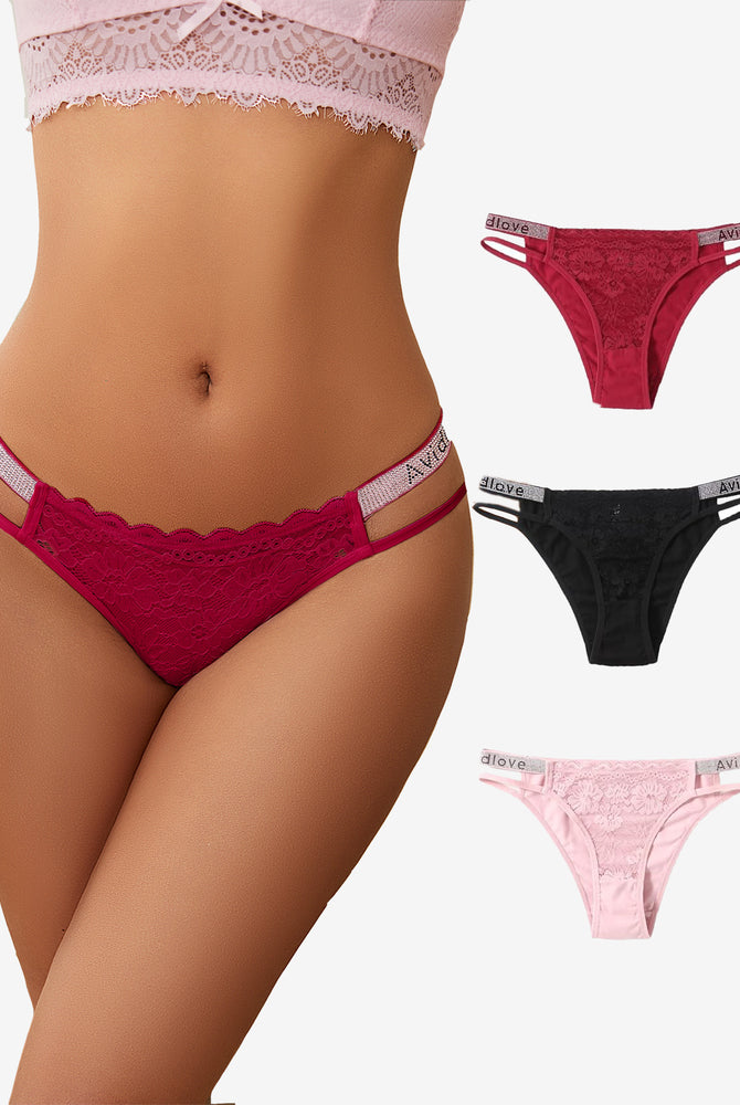 Avidlove low-rise floral lace hipster panties with rhinestone straps in multiple colors.
