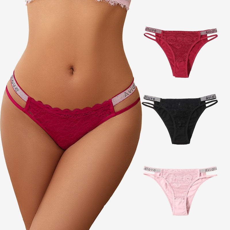 Avidlove low-rise floral lace hipster panties with rhinestone straps in multiple colors.
