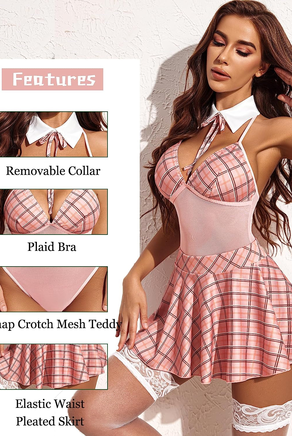 Pink plaid schoolgirl lingerie set: removable collar, halter, snap crotch, and pleated skirt.