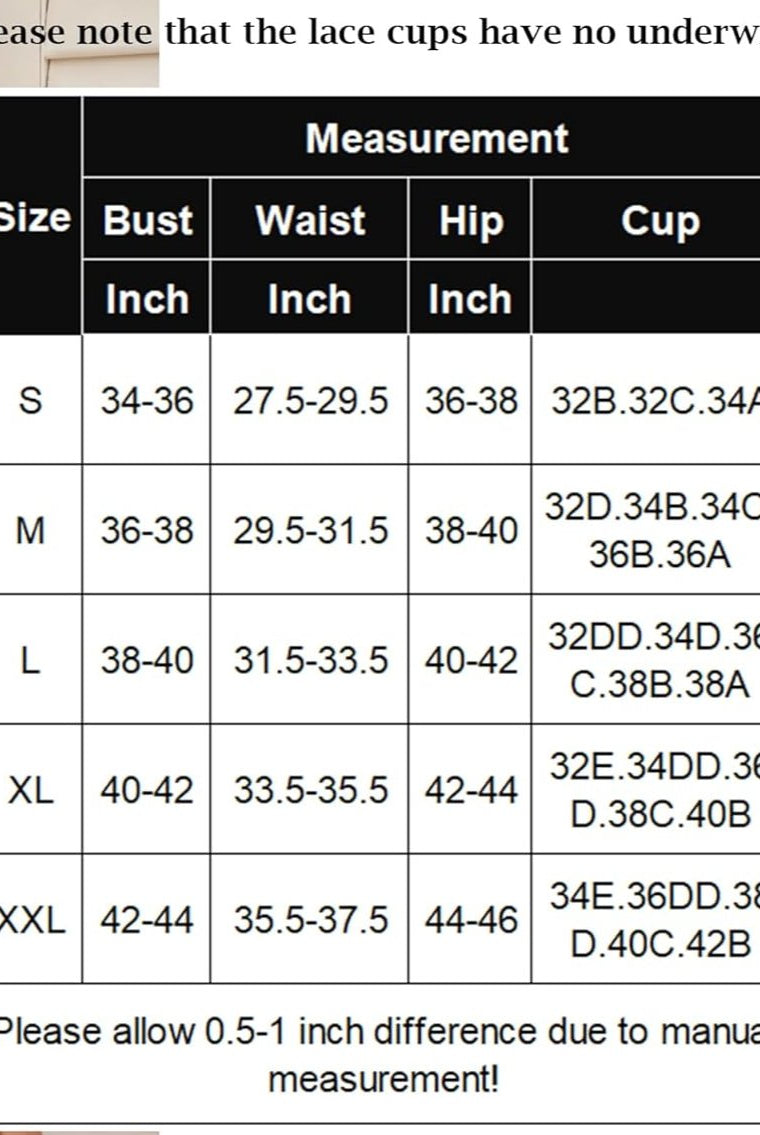 Lace bodysuit size chart with bust, waist, hip, and cup measurements for a perfect fit