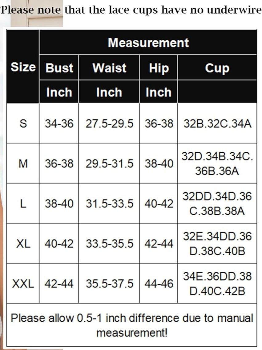 Lace bodysuit size chart with bust, waist, hip, and cup measurements for a perfect fit