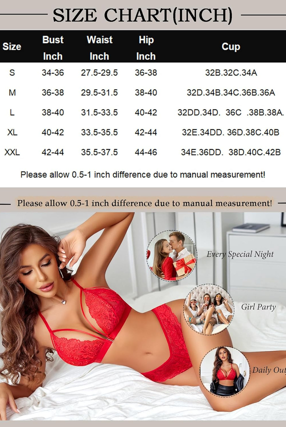 Red lace lingerie set with strappy bra and panty, size chart included, for special occasions.