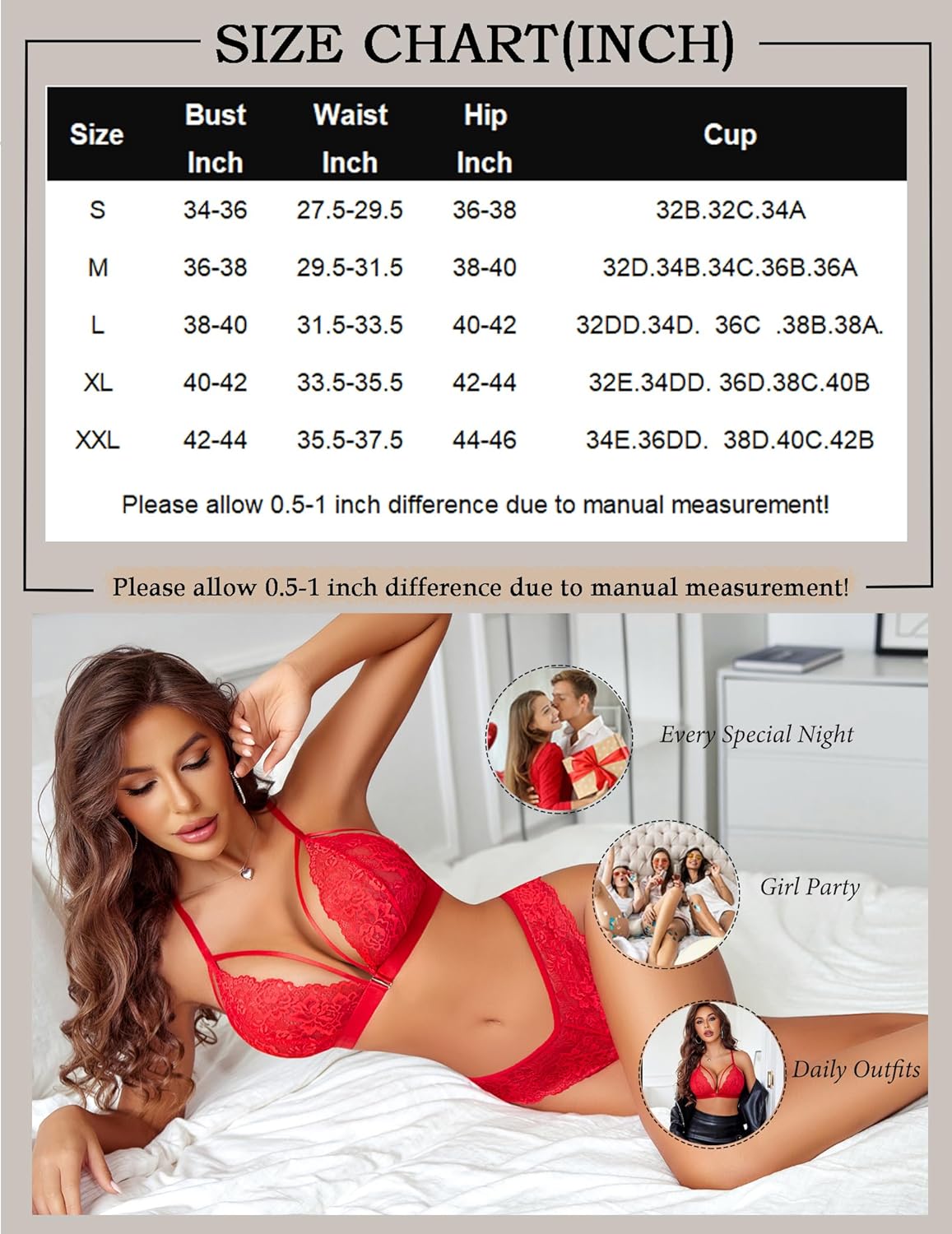 Red lace lingerie set with strappy bra and panty, size chart included, for special occasions.