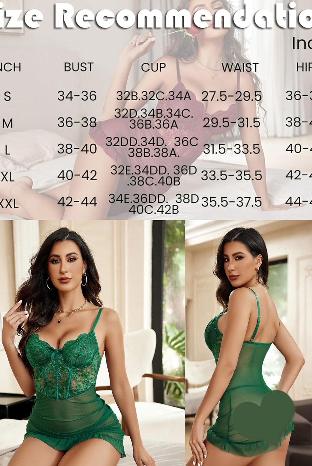 Green lace babydoll dress with size chart, floral lace, adjustable straps and ruffled hem