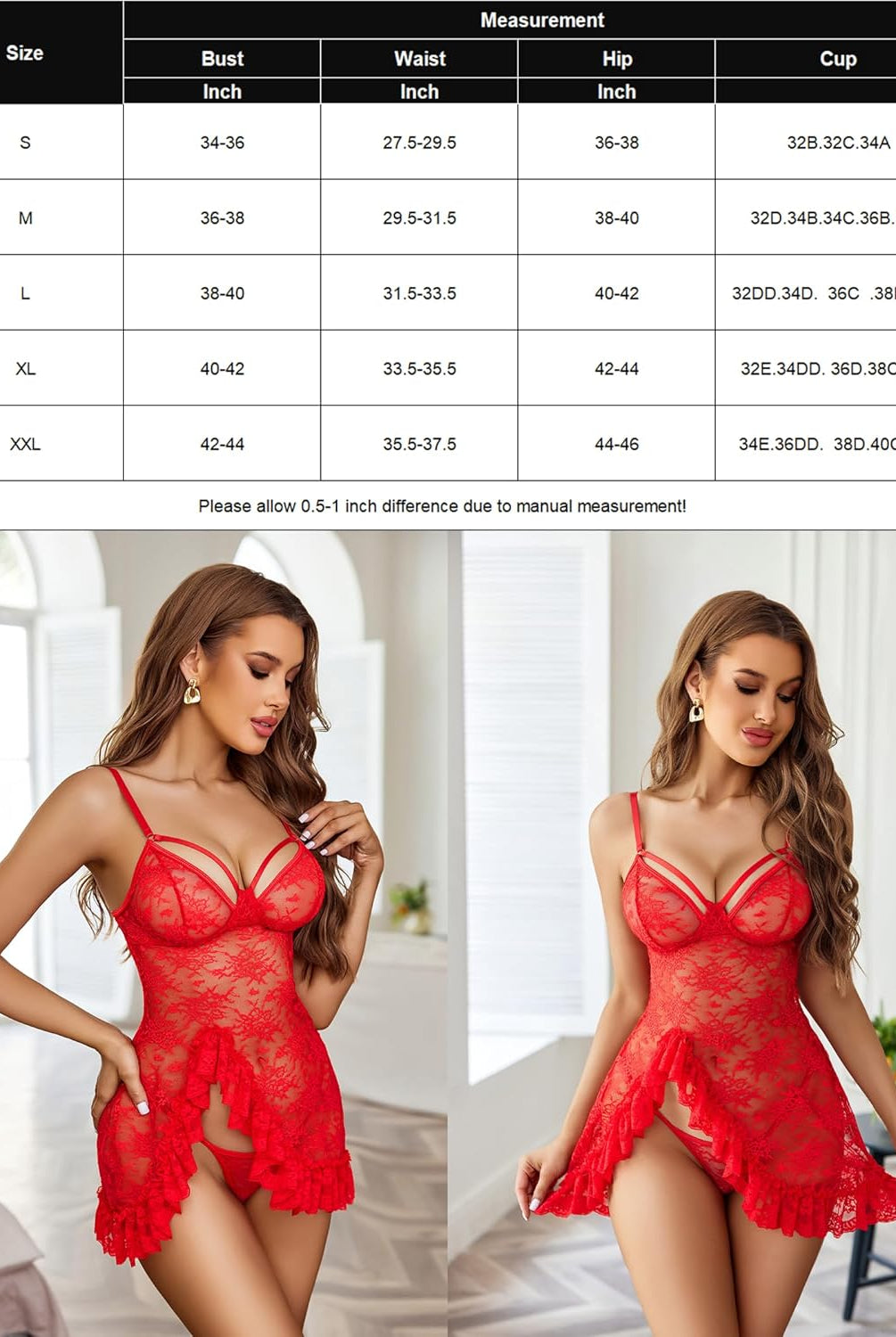 Red lace chemise sleep dress with ruffle hem and thigh-high slit, size chart included