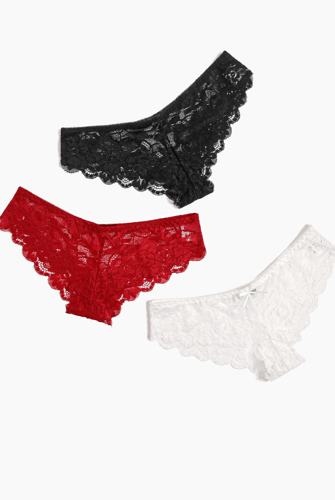 Floral lace hipster panties in black, red, and white. Sheer, stylish, and comfortable lingerie.