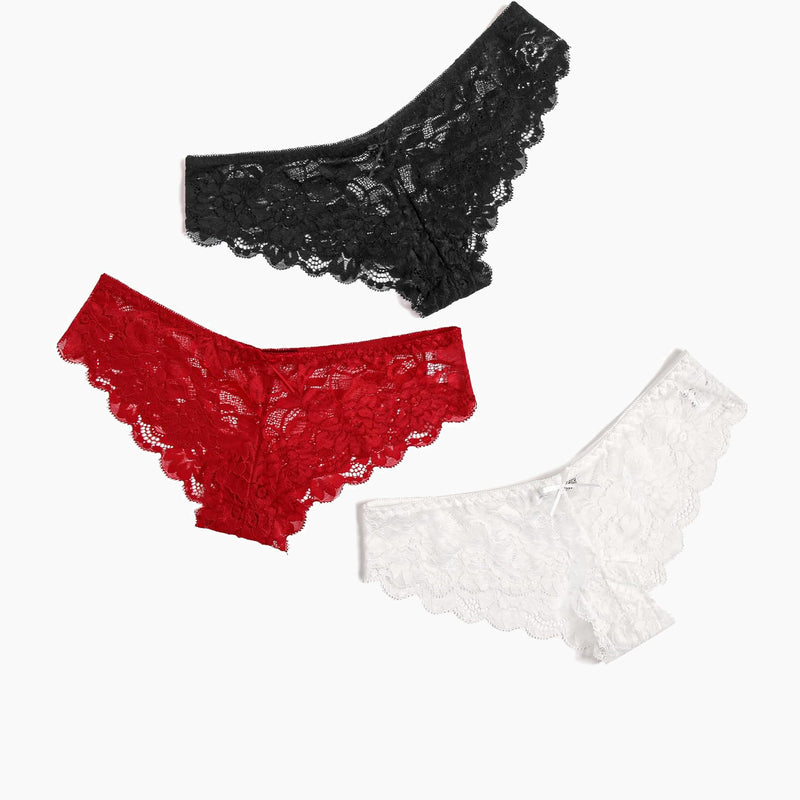Floral lace hipster panties in black, red, and white. Sheer, stylish, and comfortable lingerie.