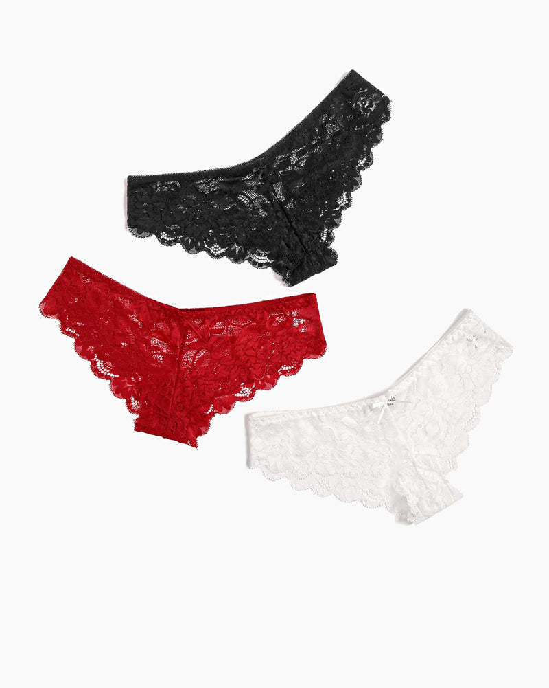 Floral lace hipster panties in black, red, and white. Sheer, stylish, and comfortable lingerie.