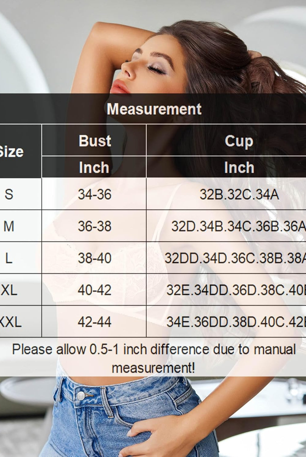 Avidlove balconette bra size chart: bust and cup measurements for various sizes