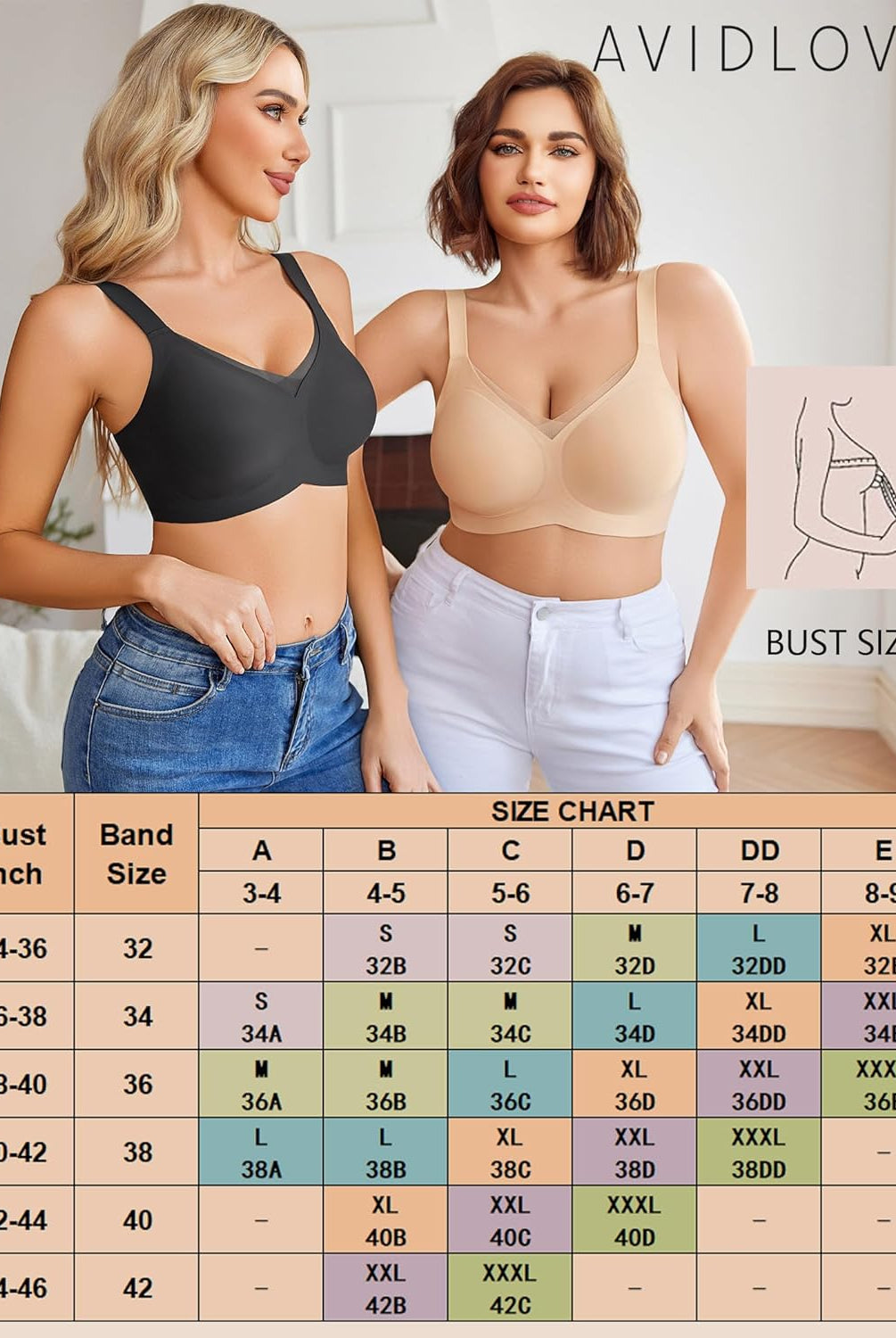 Seamless comfort bras by Avidlove, black and nude colors, with size chart for perfect fit.