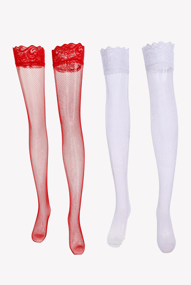 Red and white lace trim fishnet thigh-high stockings. Comfortable and sexy lingerie for women.