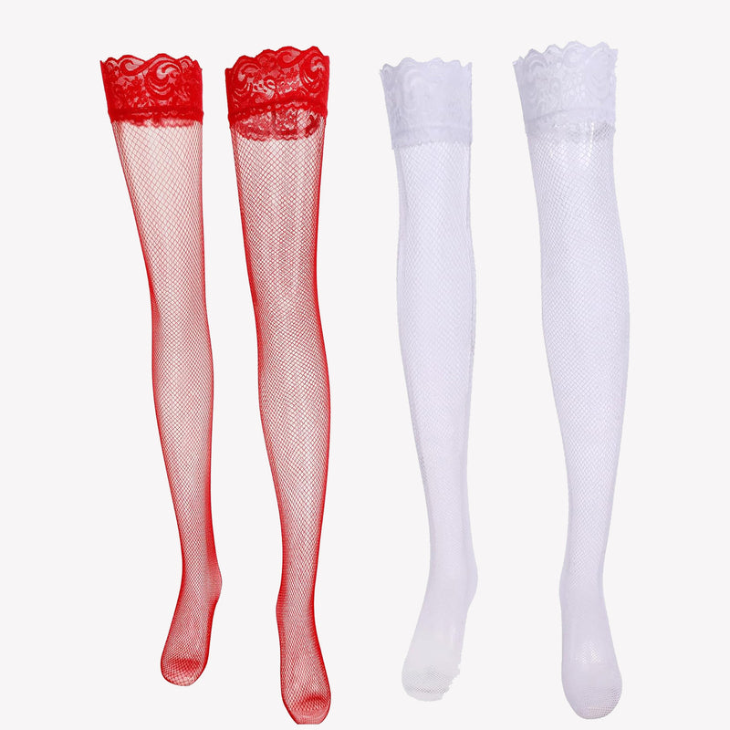 Red and white lace trim fishnet thigh-high stockings. Comfortable and sexy lingerie for women.