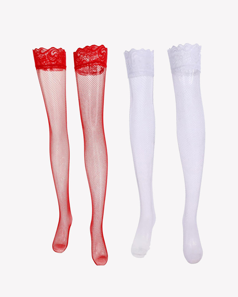 Red and white lace trim fishnet thigh-high stockings. Comfortable and sexy lingerie for women.