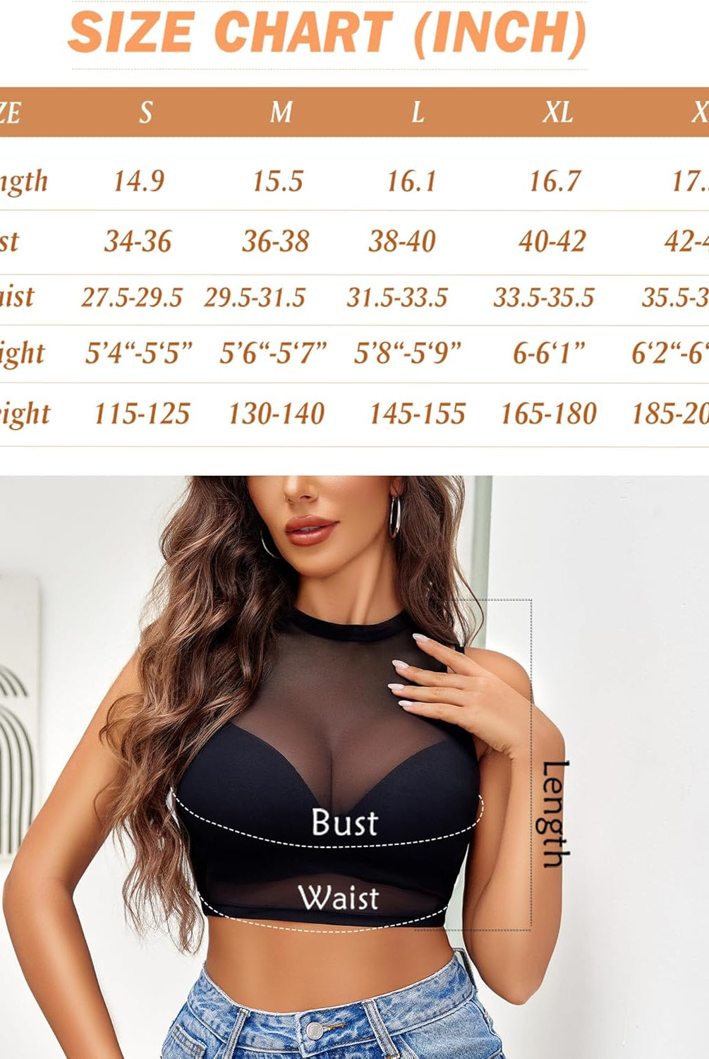Mesh crop top size chart including bust, waist measurements; Model wearing the sheer tank shirt.
