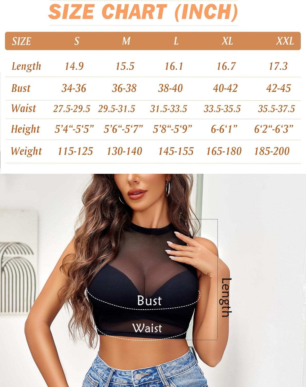Mesh crop top size chart including bust, waist measurements; Model wearing the sheer tank shirt.