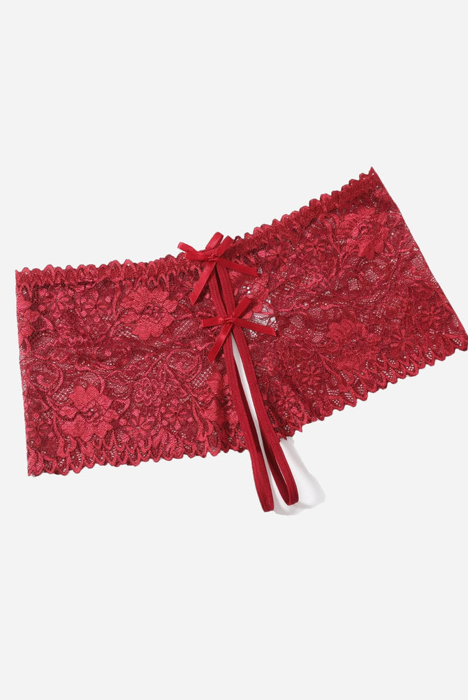 Red floral lace high waist panty with bow details. High-rise design lingerie for comfort.