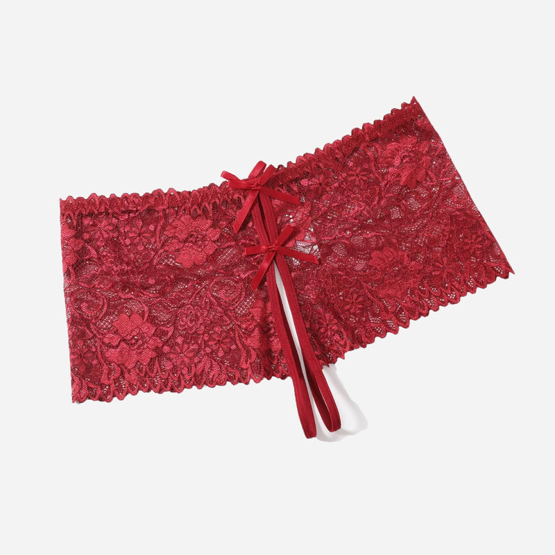 Red floral lace high waist panty with bow details. High-rise design lingerie for comfort.