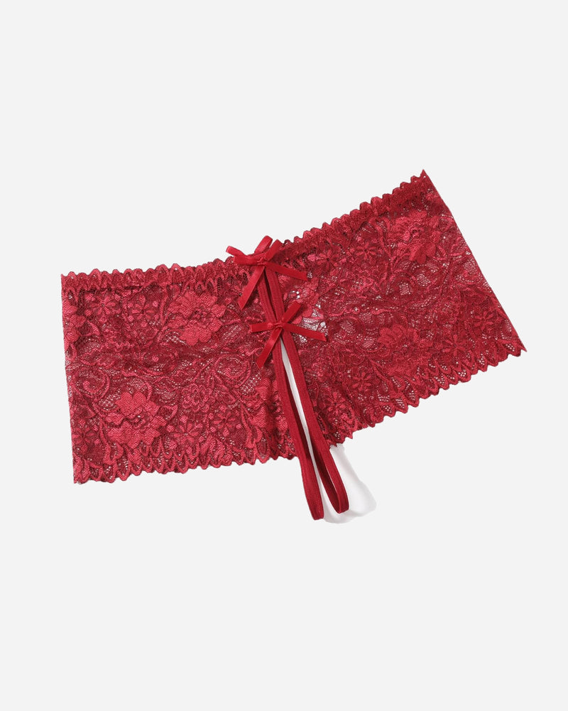 Red floral lace high waist panty with bow details. High-rise design lingerie for comfort.
