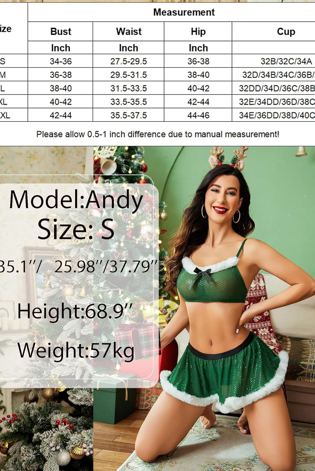 Green Christmas Santa lingerie, model Andy, sheer top and skirt, size S, with marabou trim