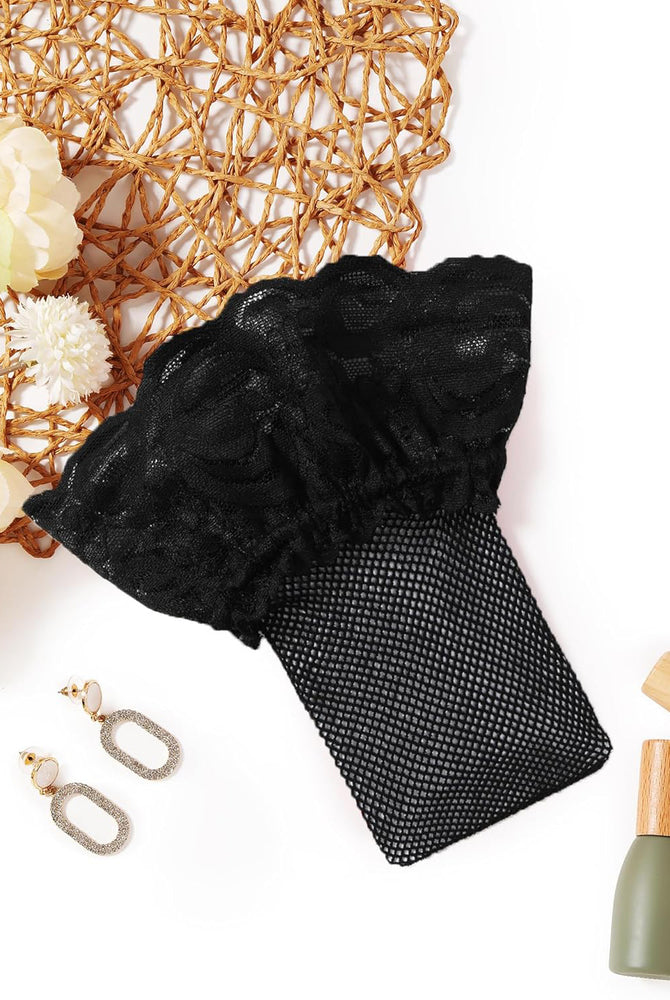 Black lace trim fishnet thigh-high stockings, sheer and sexy lingerie for women