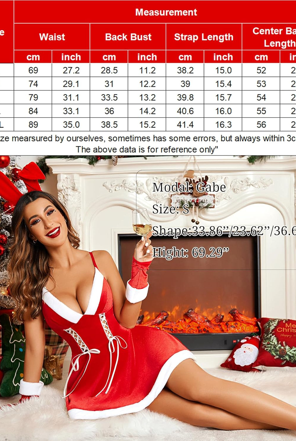 Red velvet Santa babydoll set with lace-up front and white trim. Christmas lingerie.