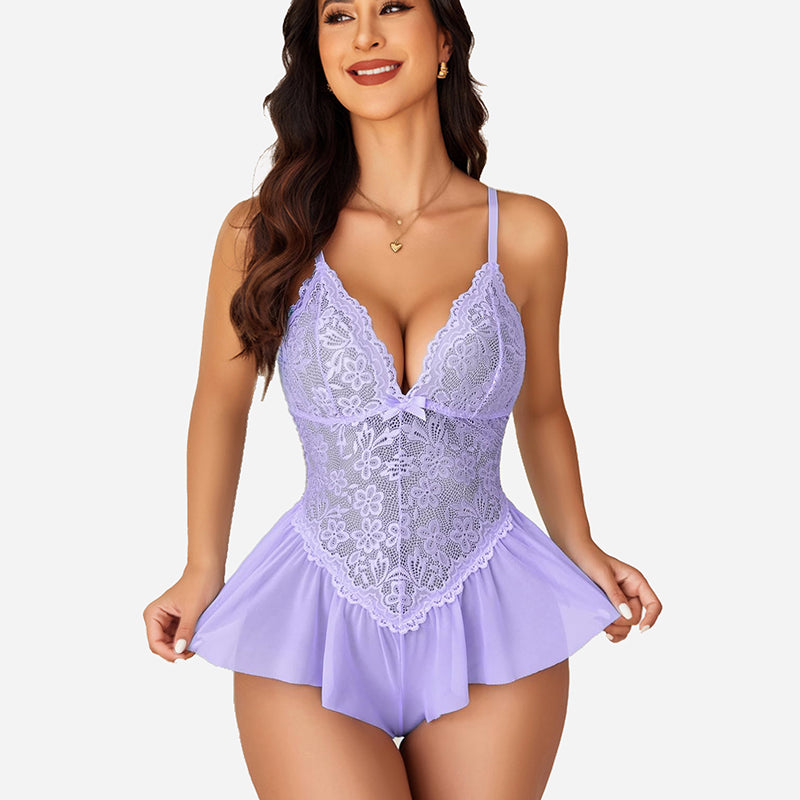 Light purple floral lace bodysuit teddy, elegant lingerie for women
