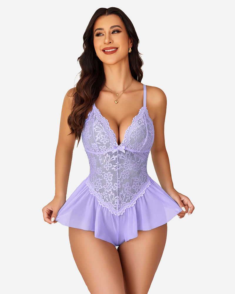 Light purple floral lace bodysuit teddy, elegant lingerie for women