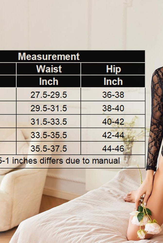 Black lace bodysuit, long sleeve, high neck, with size chart for women's lingerie.