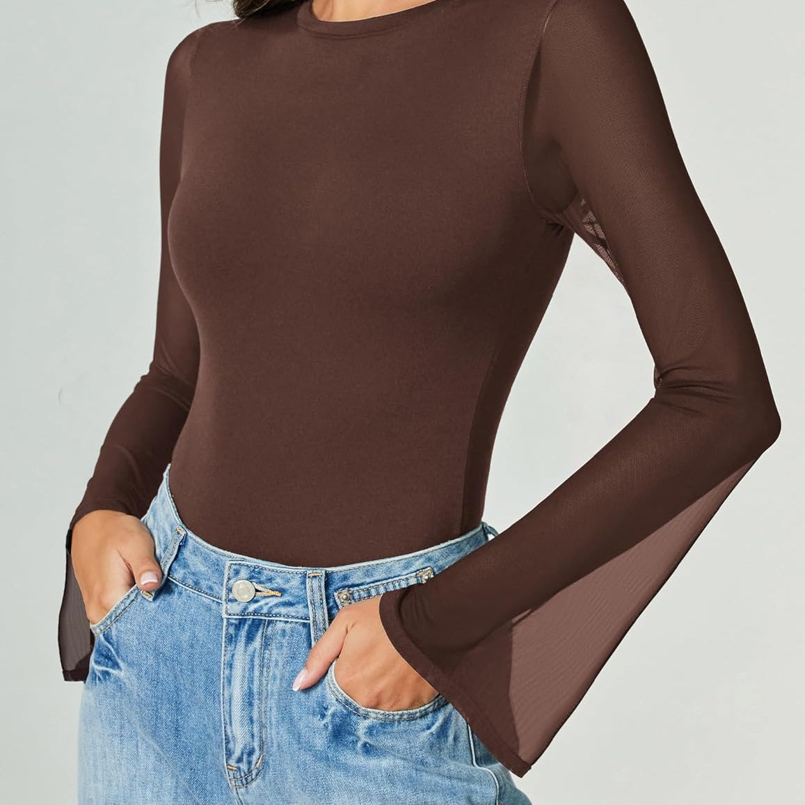 Bell Long Sleeve Bodysuits Mesh Leotard Tops