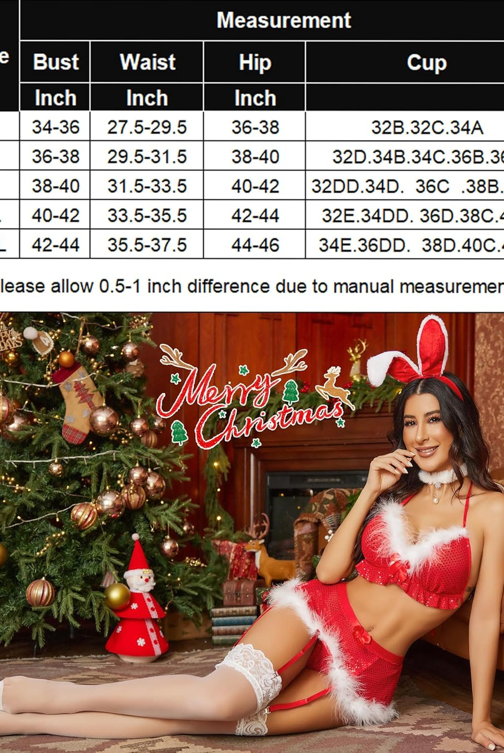 Red Christmas lingerie set with garter belt. Model in holiday outfit, size chart. Merry Christmas.