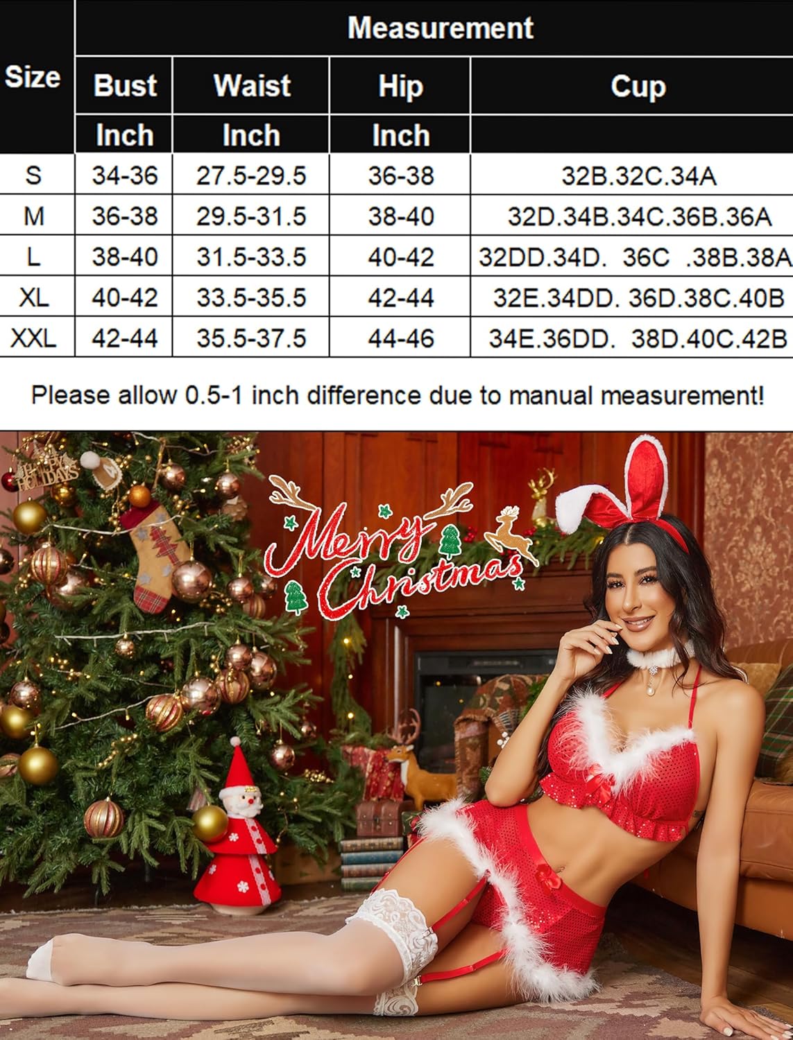 Red Christmas lingerie set with garter belt. Model in holiday outfit, size chart. Merry Christmas.