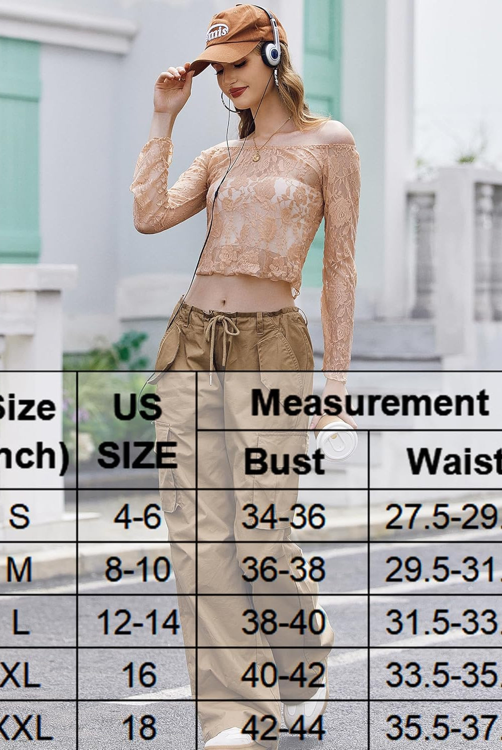 Peach lace mesh Y2k crop top with bell sleeves, brown pants, and size chart