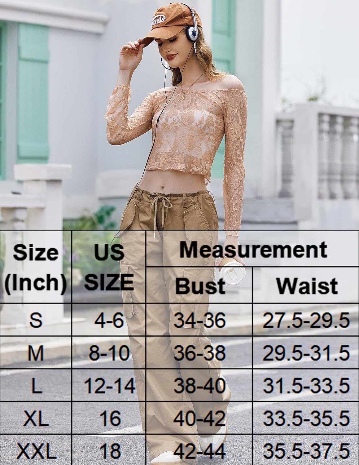 Peach lace mesh Y2k crop top with bell sleeves, brown pants, and size chart