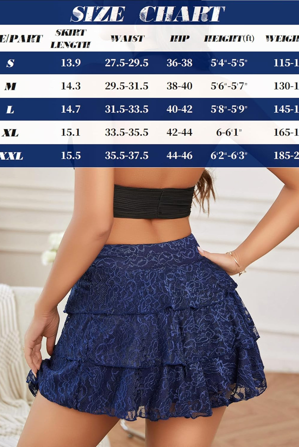 Navy blue lace pleated mini skirt with size chart, comfortable and sexy, available in various sizes.